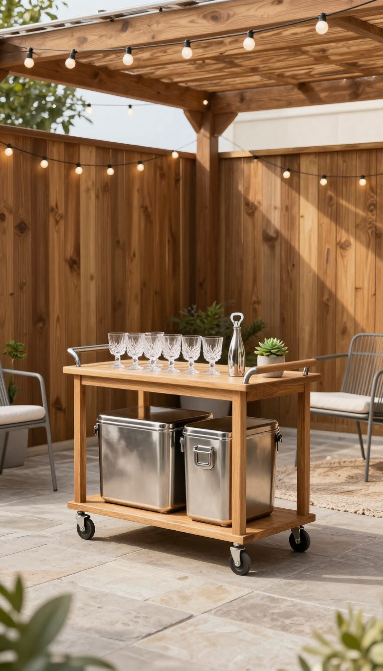 Outdoor bar cart on a patio with drinks and snacks, set against a wooden fence with string lights