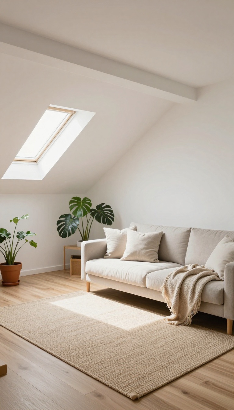 Bright attic living room with skylight and cozy seating area