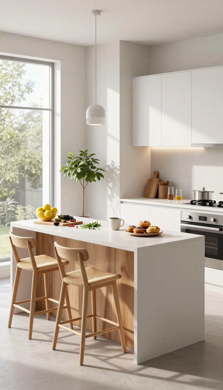 Two-tiered kitchen breakfast bar with butcher block lower counter and quartz upper dining surface, bar stools, natural light, open-plan kitchen