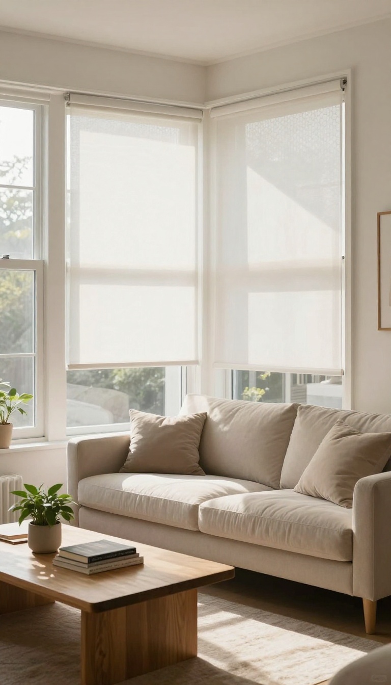 Living room with cellular shades for energy efficiency, soft natural light, cozy decor