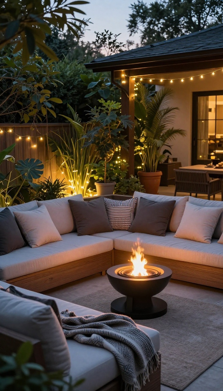 A small patio with a tabletop fire bowl, cozy seating, and warm lighting at dusk.