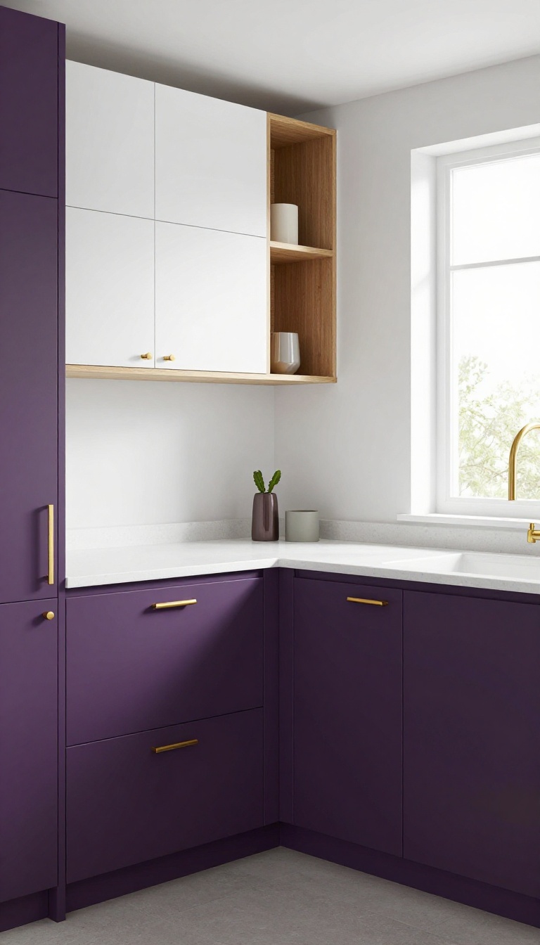 Kitchen with purple lower cabinets and white upper cabinets, brass hardware, and white countertops in bright natural light.