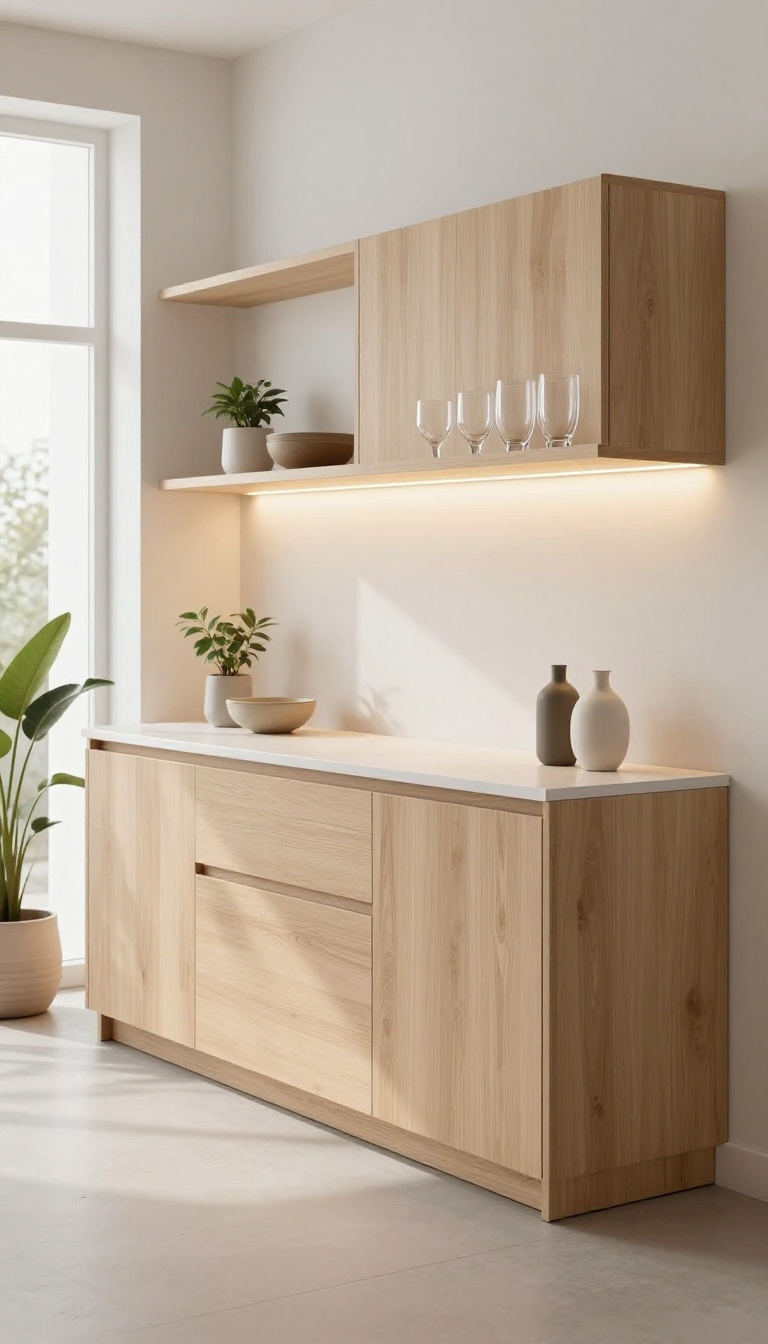 Modern kitchen sideboard with integrated warm LED lighting under shelves and along countertop, highlighting glassware and decor in a bright, cozy setting.