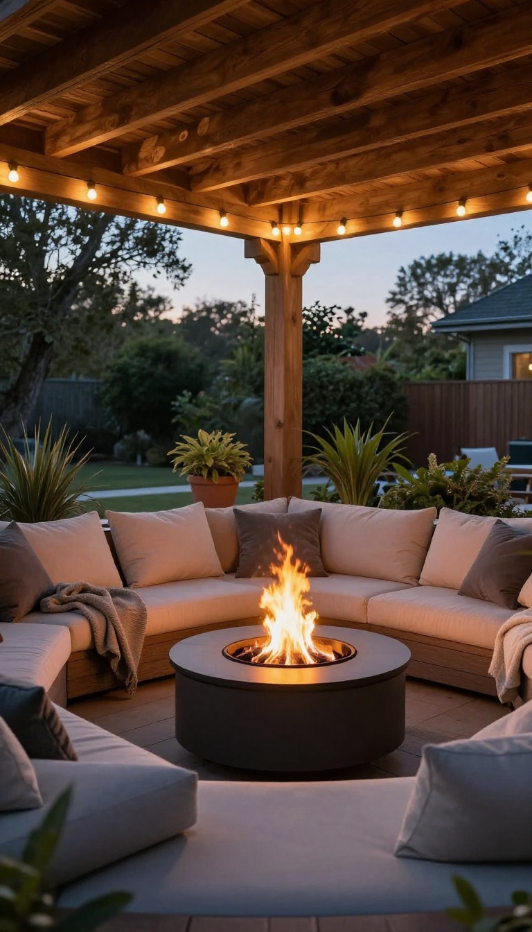 Covered patio with a fire pit and cozy seating at dusk