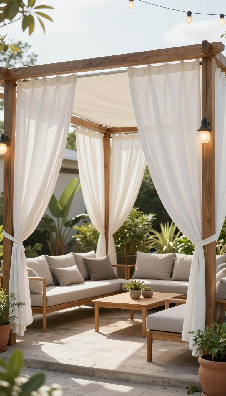 Pergola with canopy and curtains in a bright outdoor living space