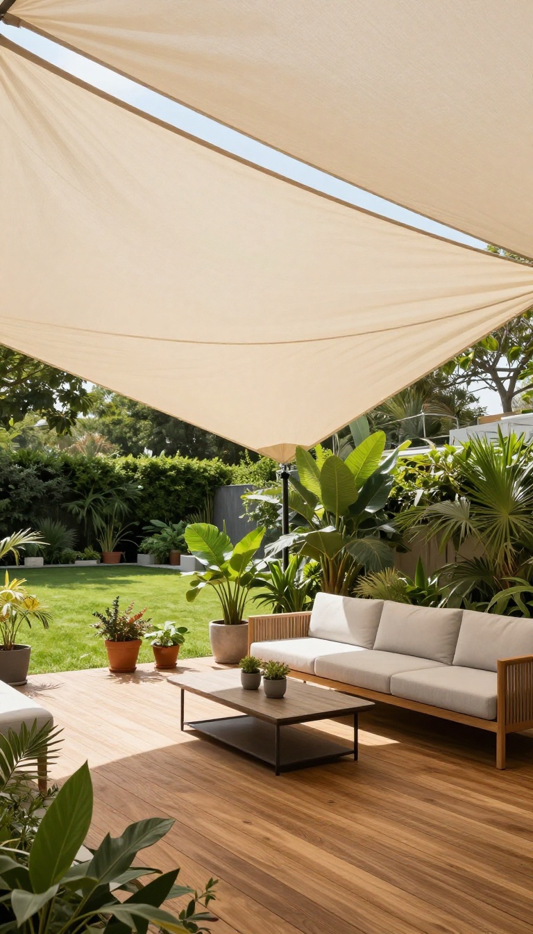 Modern patio with a triangular shade sail providing stylish overhead coverage