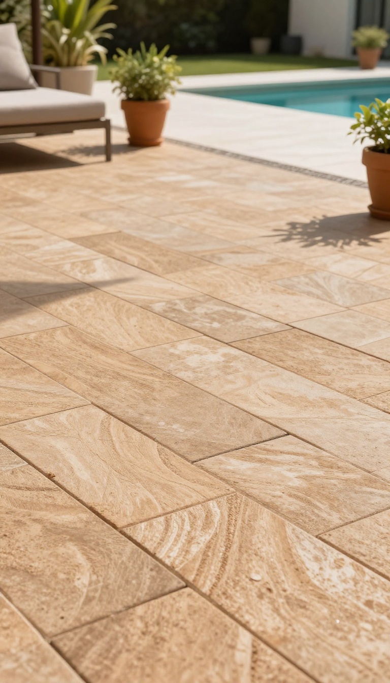 Textured pavers on a patio near a pool, showcasing slip-resistant surface and modern outdoor design.