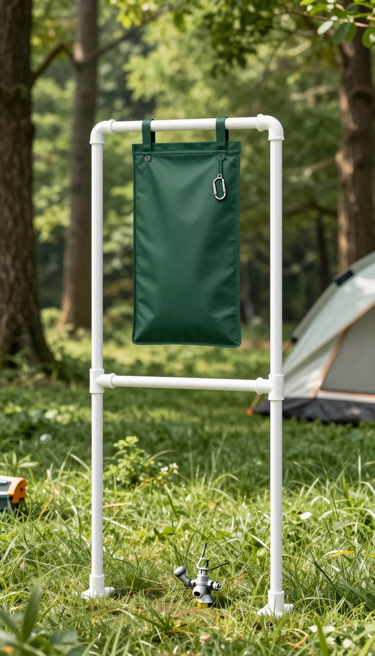 DIY PVC pipe stand shower set up in a sunny forest campsite with a hanging shower bag and foot valve.
