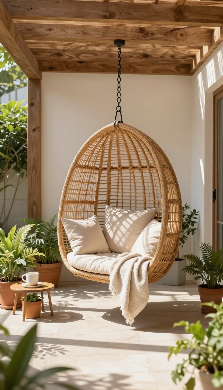 A small patio with a hanging rattan chair, potted plants, and a coffee mug on a side table, bathed in natural sunlight.