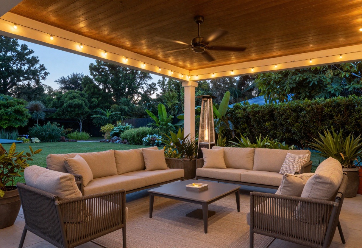 Cozy covered patio with string lights and comfortable seating