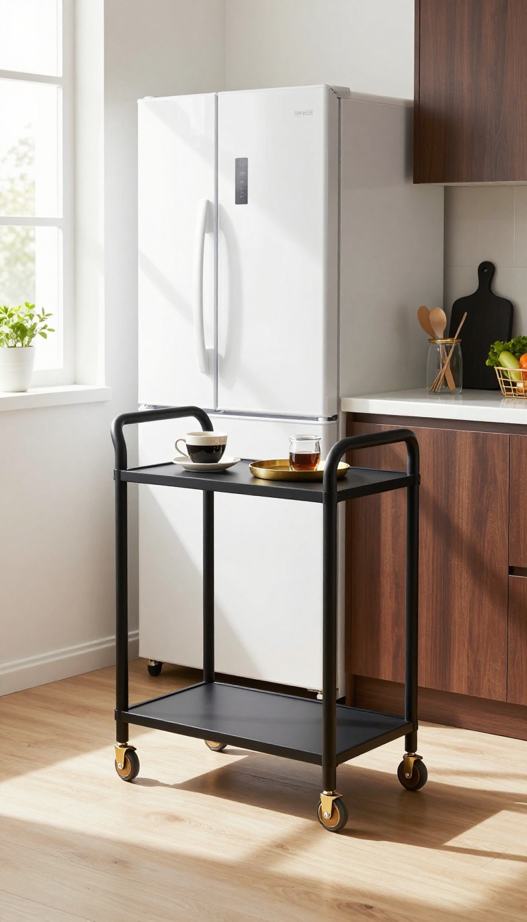 Slim black and gold rolling cart in a bright kitchen with coffee station and produce basket