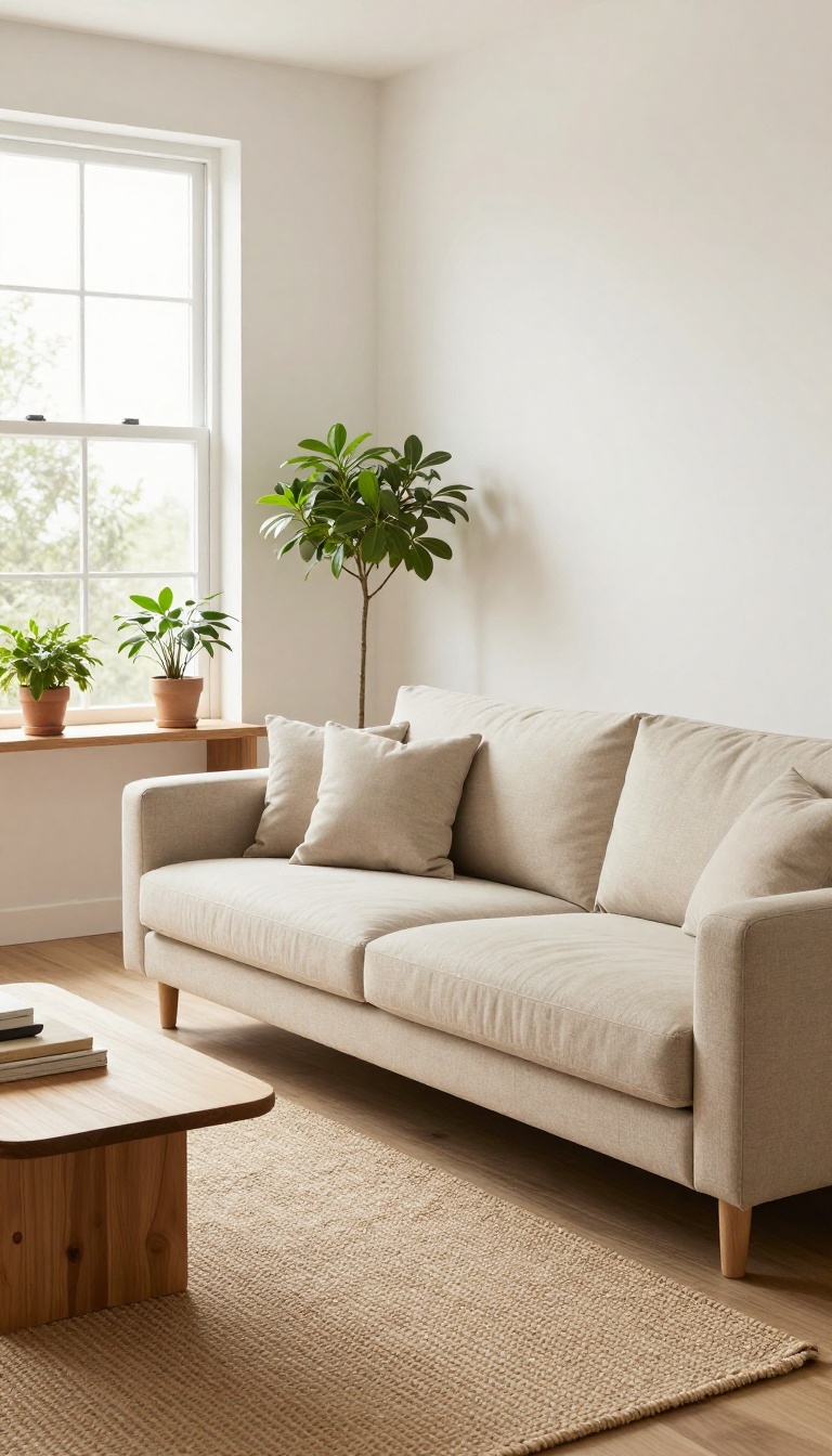 Small living room with angled sofa, console table with plants, and round rug in bright natural light