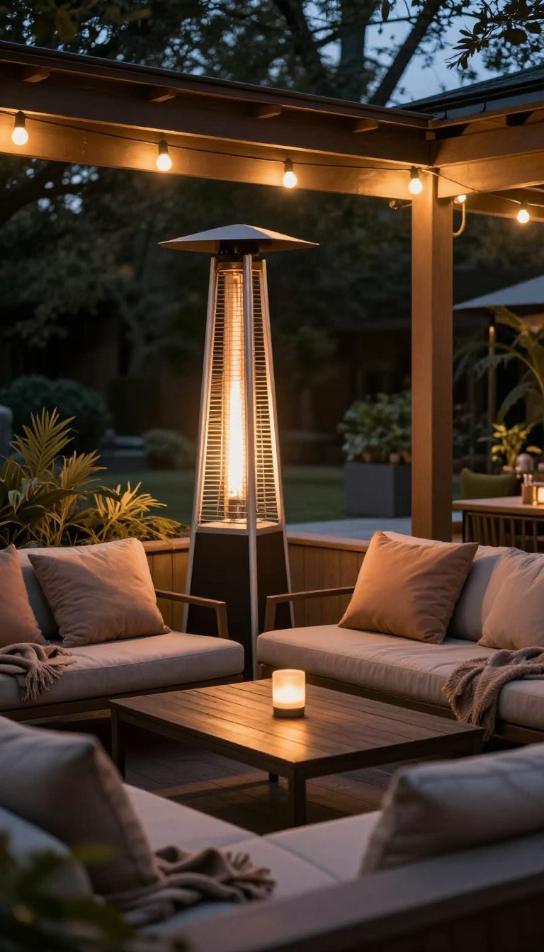 Cozy patio with outdoor heater and warm seating for cooler nights