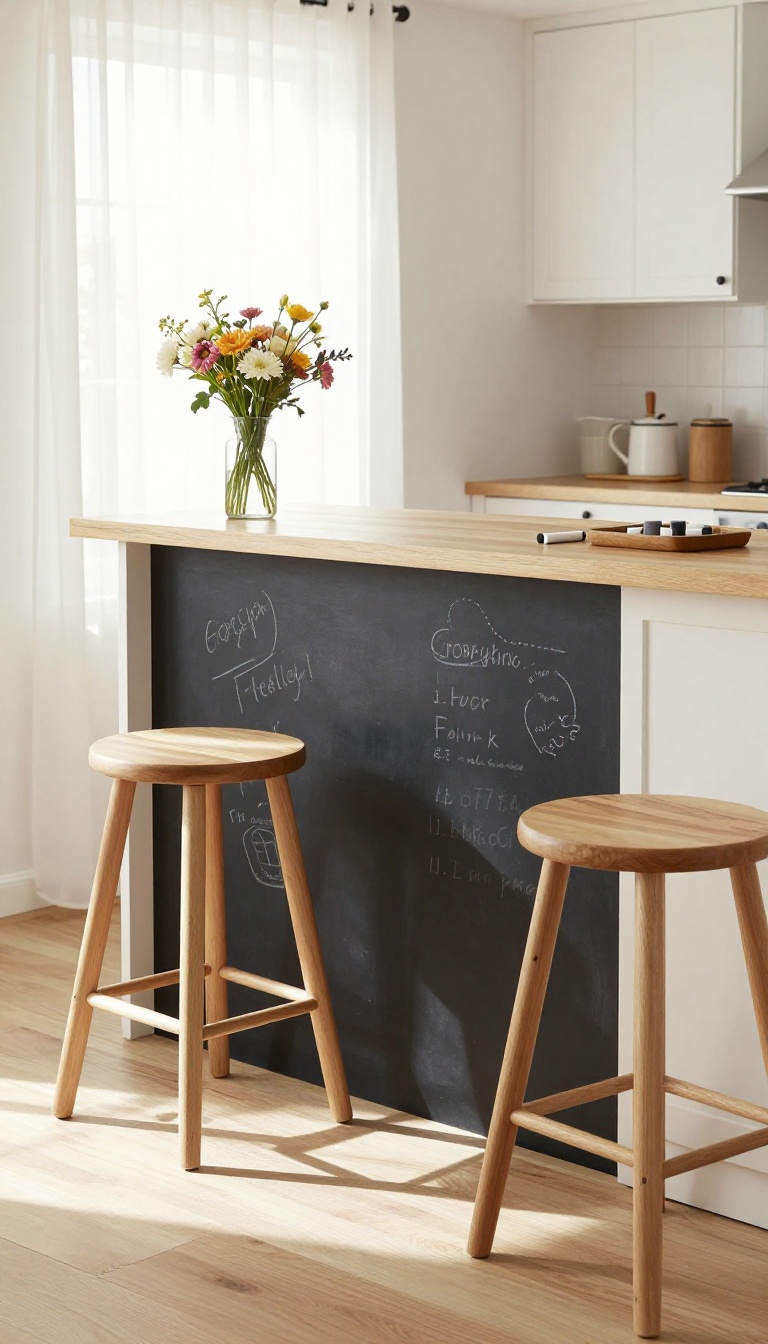 Kitchen breakfast bar with a chalkboard front, decorated with chalk doodles and a small vase of flowers, in a bright, airy kitchen.