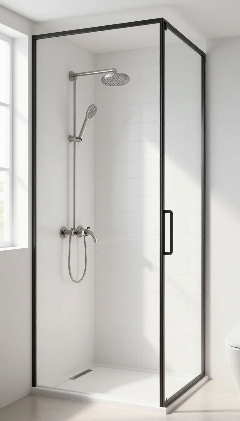 Small shower room with wall-mounted faucet and showerhead, clean and open design
