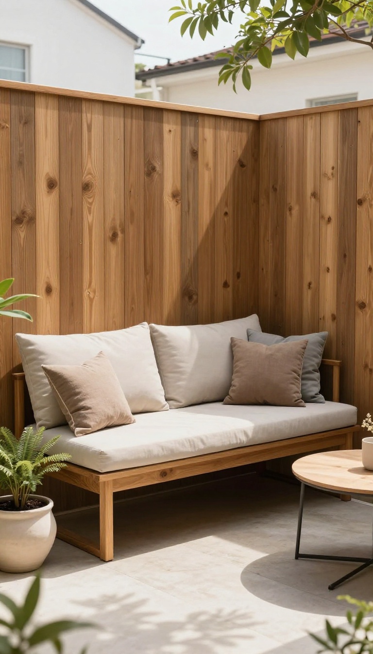 Built-in bench seating with storage on a townhome patio, with cushions stored inside and a comfortable seat ready for guests.