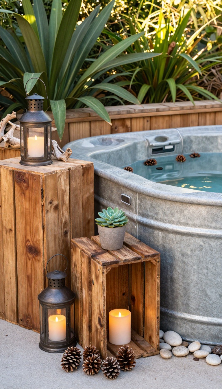 Cozy hot tub patio with upcycled decor like vintage lantern, wooden crate, river stones, and driftwood in warm sunlight