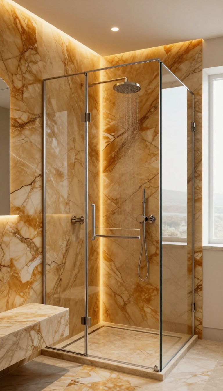 Walk-in shower with full onyx slab walls and minimal grout lines, backlit for a seamless dramatic look.