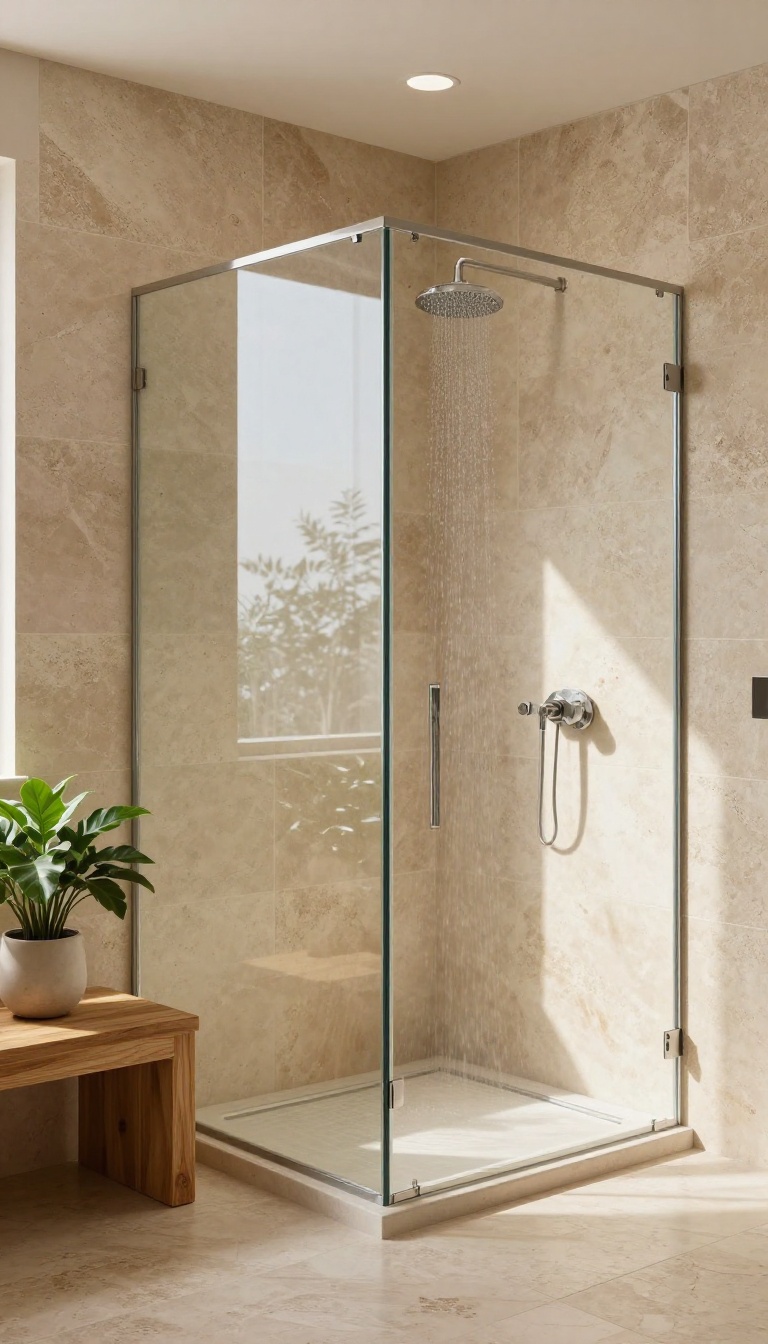 Natural stone walk-in shower with travertine walls and floor, wooden bench, and rainfall showerhead in a bright, spa-like bathroom.