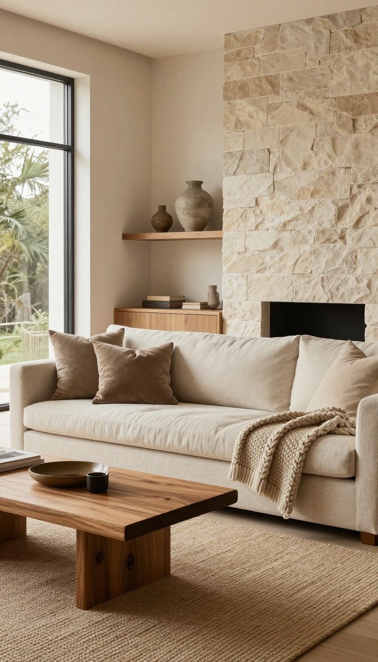 Modern luxury living room with natural wood, stone, linen, and wool textures, styled with a live-edge coffee table, jute rug, and chunky knit throw.
