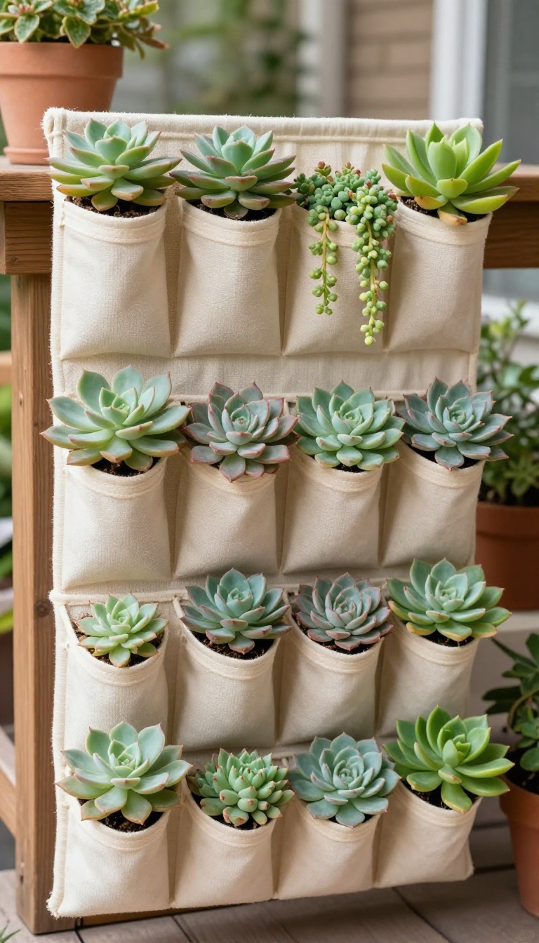 Vertical succulent garden in a hanging pocket organizer on a patio wall