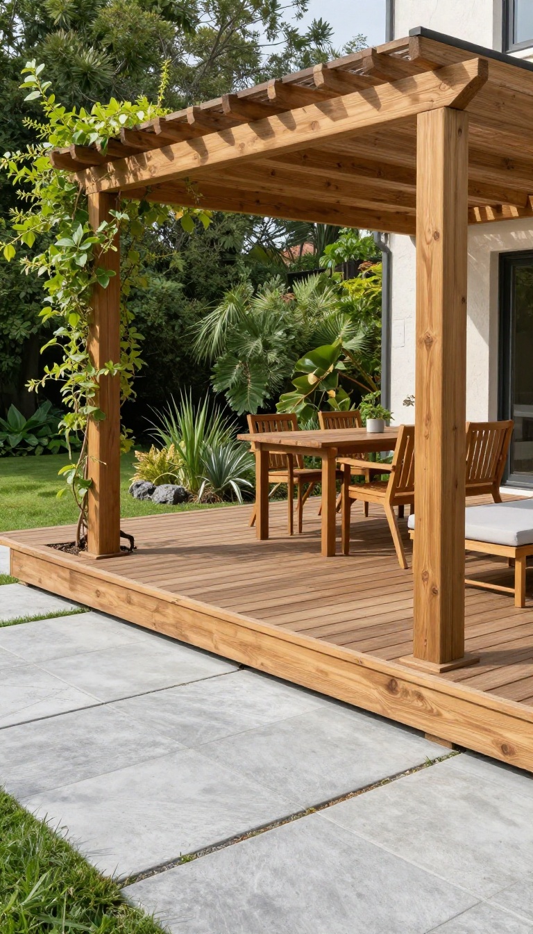 Deck with pergola and paver patio, wood and stone contrast, outdoor living space