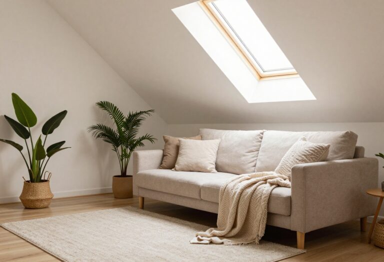 Cozy attic living room with sloped ceilings and skylight