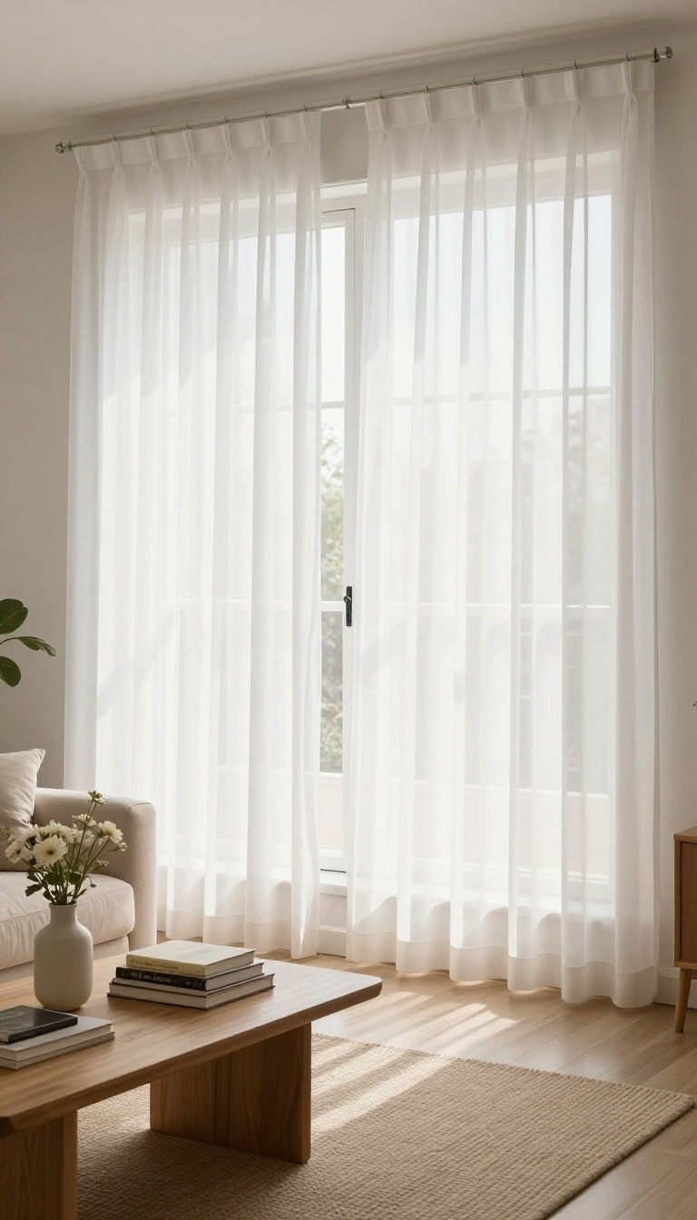 Layered white blinds and sheer curtains in a bright living room