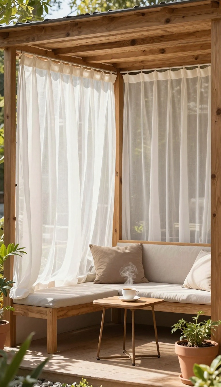 Patio with outdoor curtains providing privacy and shade