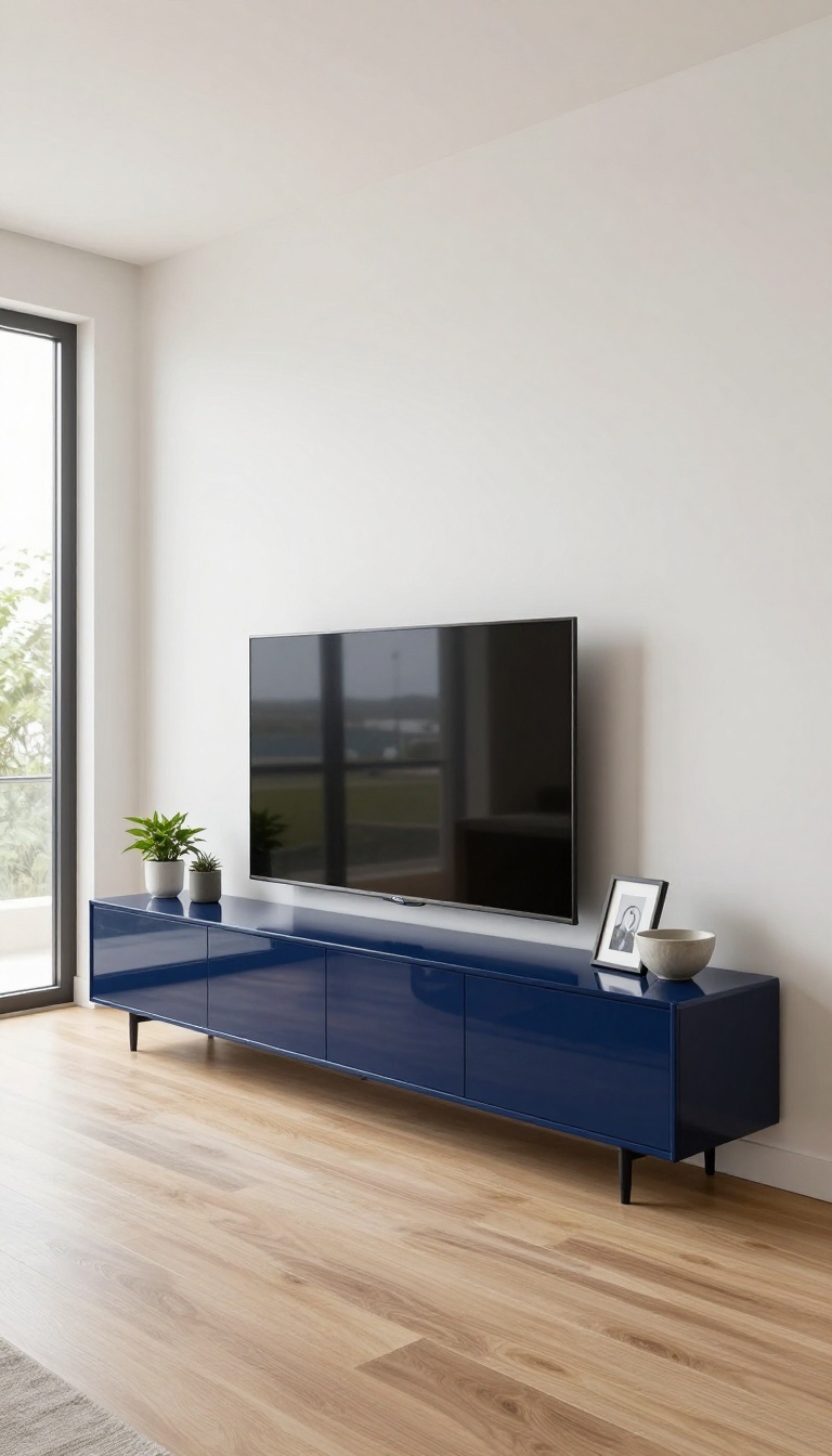 Modern living room with a high-gloss navy blue TV cabinet, mounted TV, and minimal decor in bright natural light.