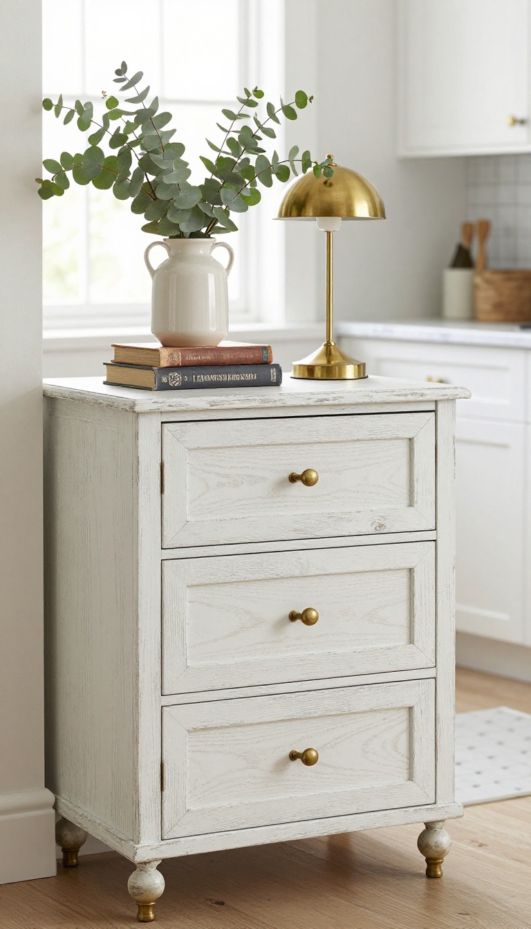 Vintage-inspired sideboard with antique brass hardware in a bright kitchen