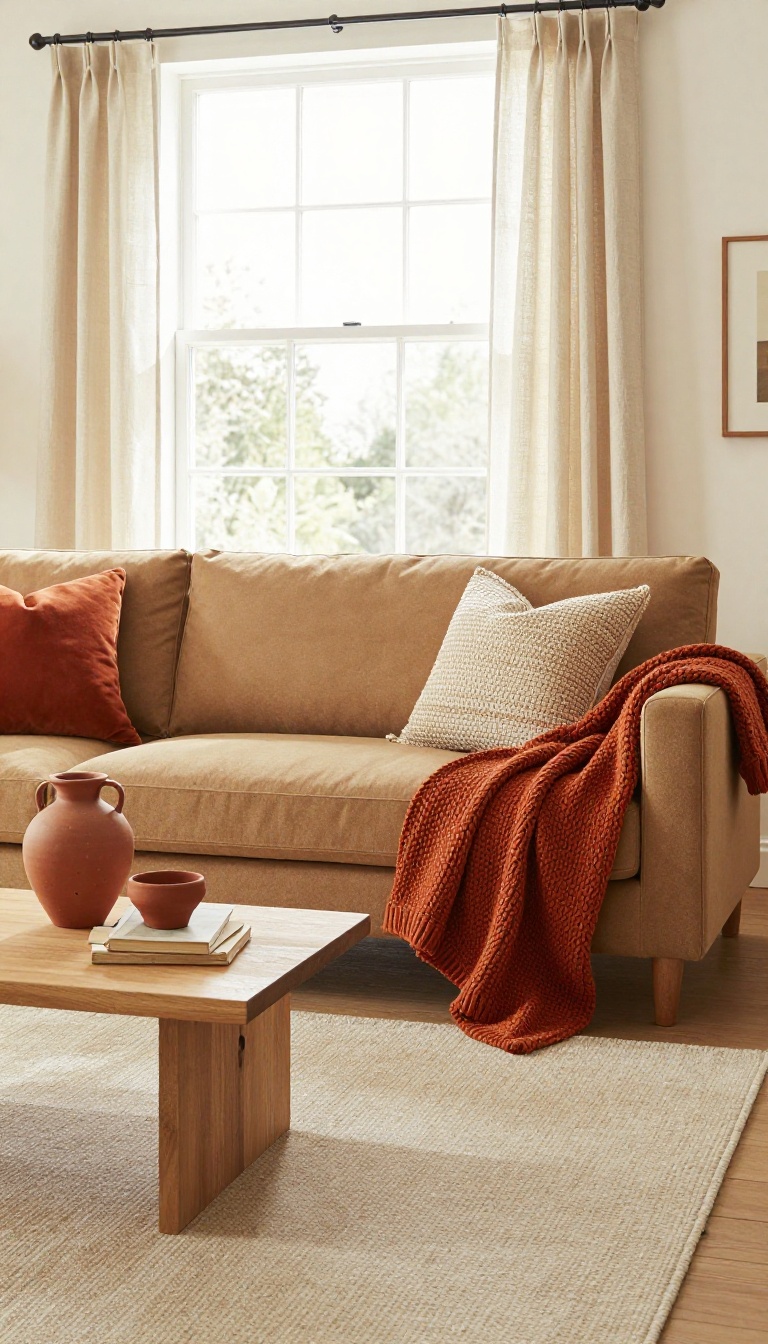 Tan couch styled with terracotta and burnt orange pillows and a chunky knit blanket in a bright, neutral living room