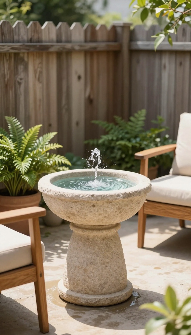 Small patio corner with a tabletop water fountain, potted plants, and a cozy chair in natural light.