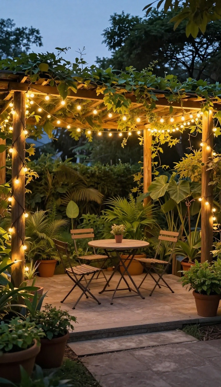 Small patio garden with a string light canopy at dusk, cozy and inviting