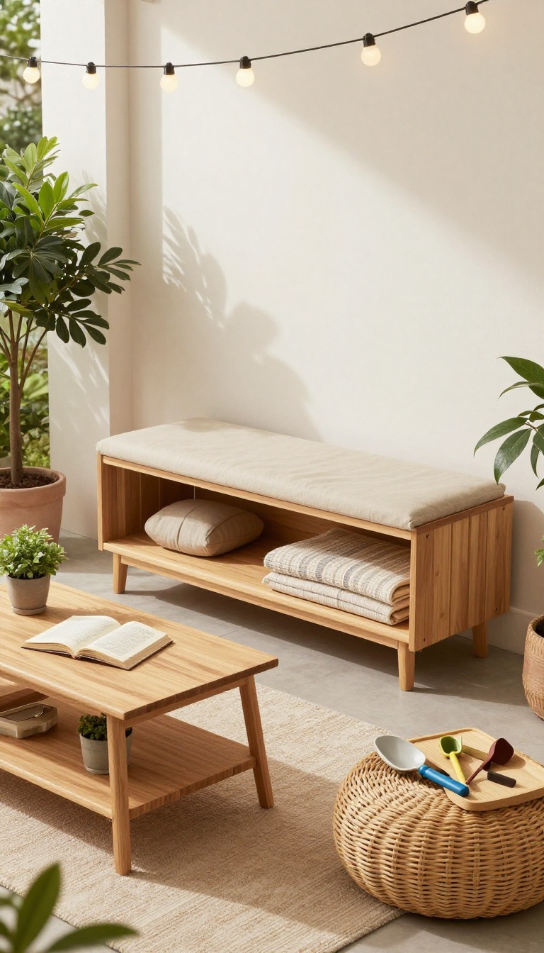 Apartment patio with storage bench, ottoman, and coffee table, styled with plants and cushions