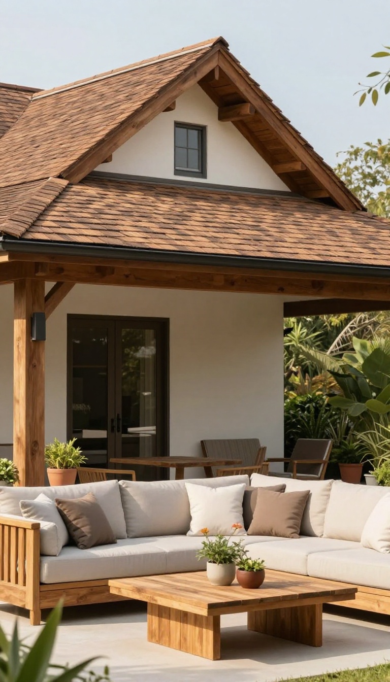 Gable roof extension over a patio attached to a house, blending with the existing roofline and providing shelter.