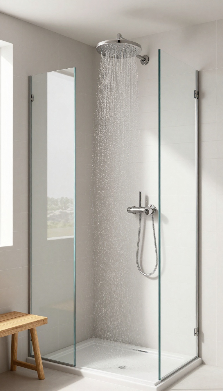 A modern standup shower with a ceiling-mounted rainfall showerhead and a handheld wand on a slide bar
