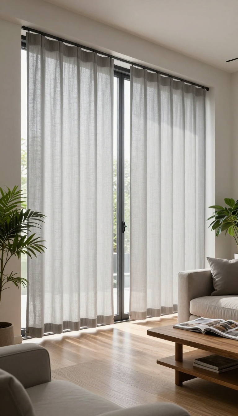 Modern living room with vertical blinds on sliding glass door, allowing natural light