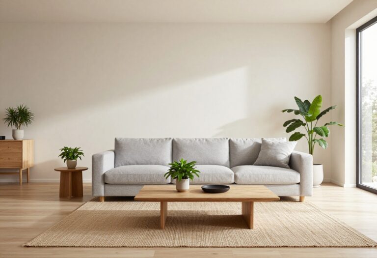 Small living room layout with a gray sofa, jute rug, and plants, showing a spacious and inviting arrangement