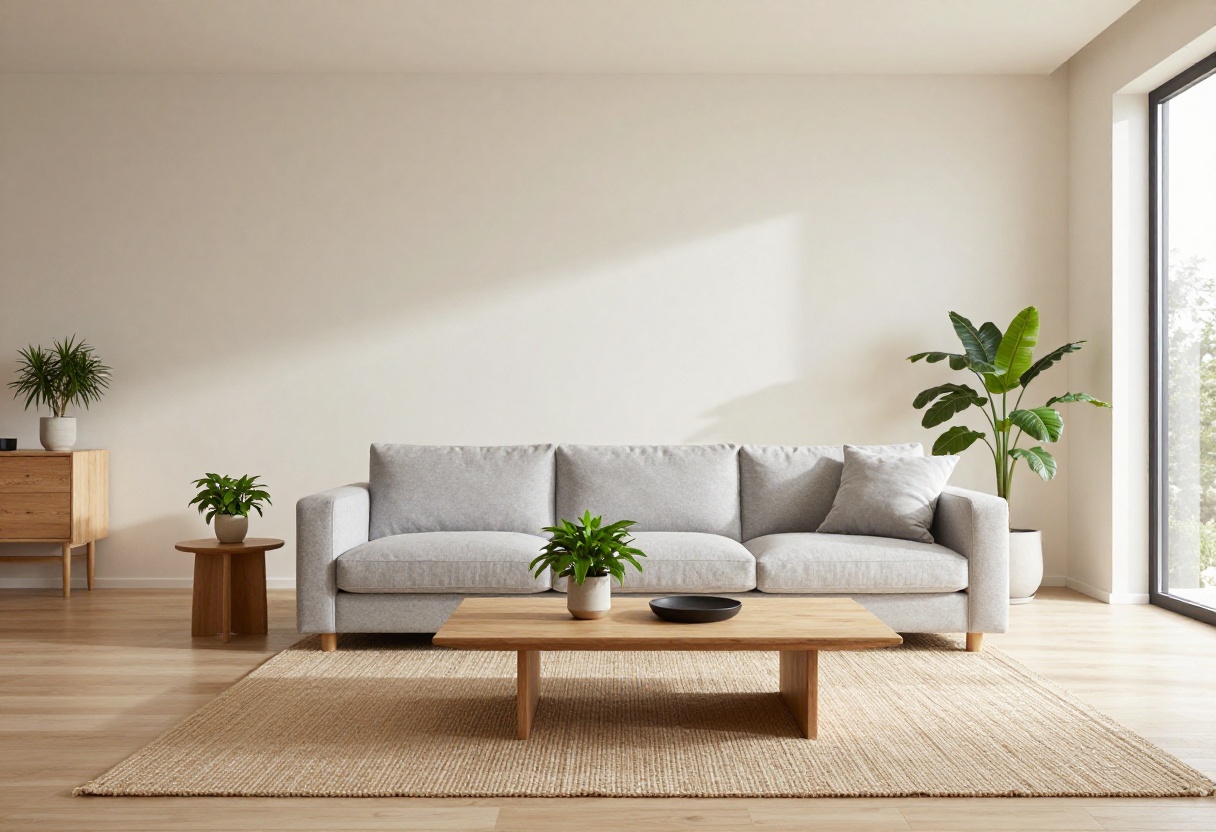 Small living room layout with a gray sofa, jute rug, and plants, showing a spacious and inviting arrangement