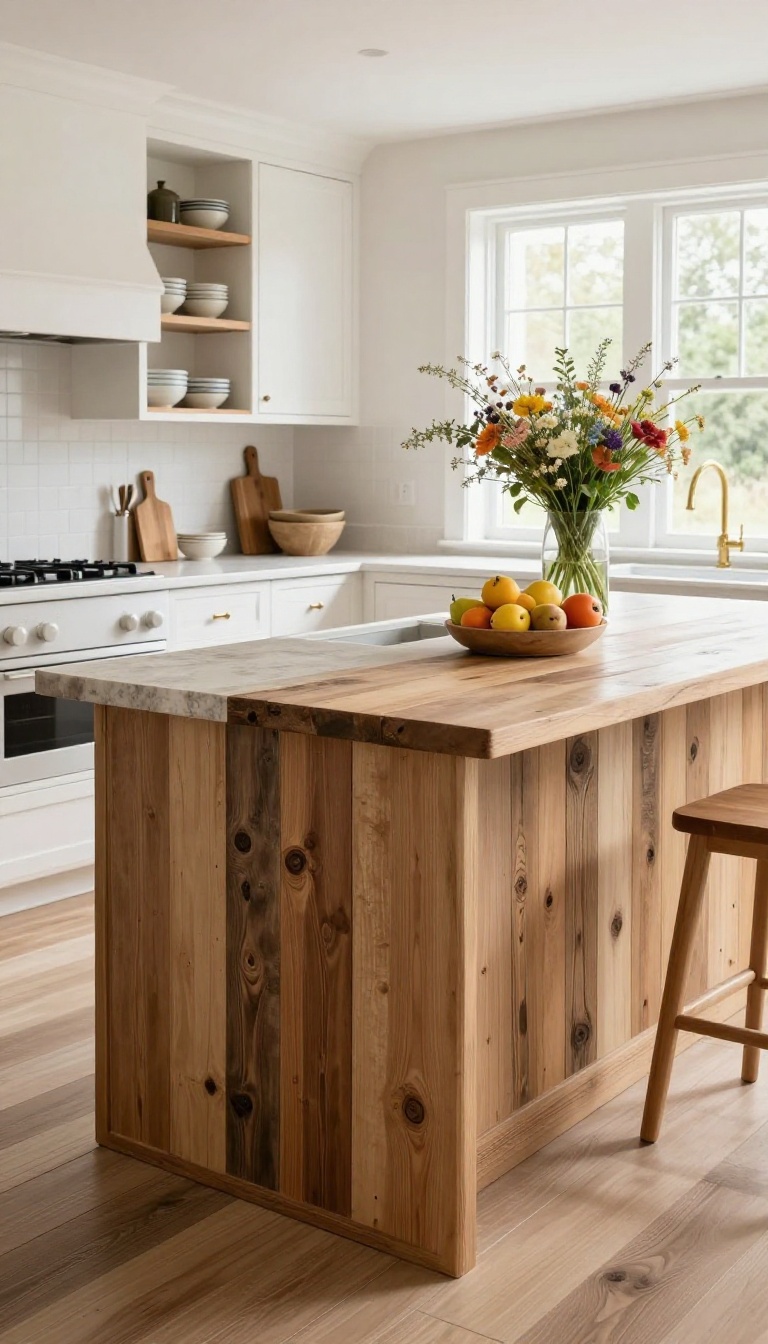 Kitchen island with reclaimed wood plank base and light countertop in a bright farmhouse-style kitchen