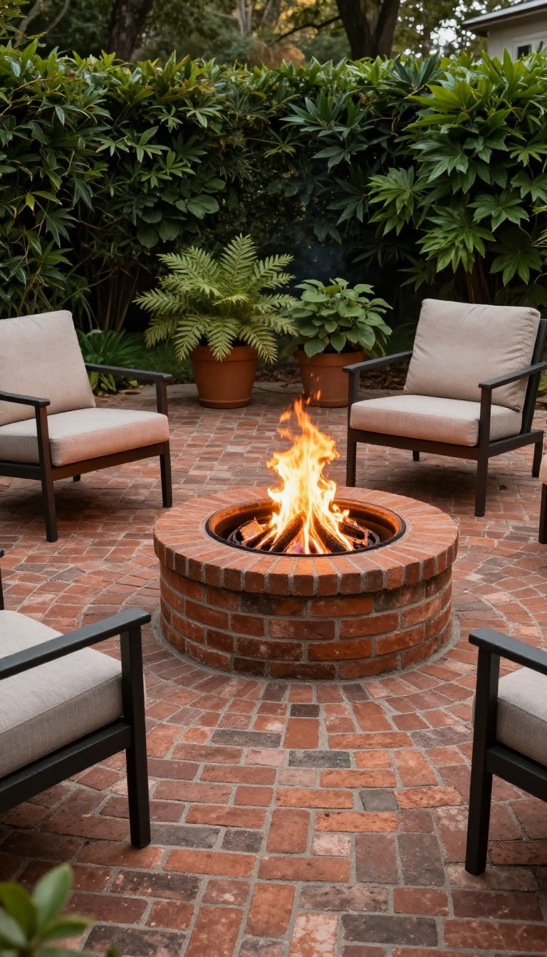 A cozy brick patio with a built-in fire pit, surrounded by comfortable seating and warm lighting.