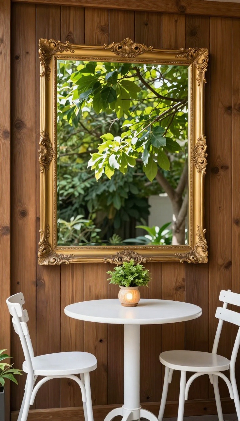Small patio with large outdoor mirror reflecting greenery and light, making the space feel bigger