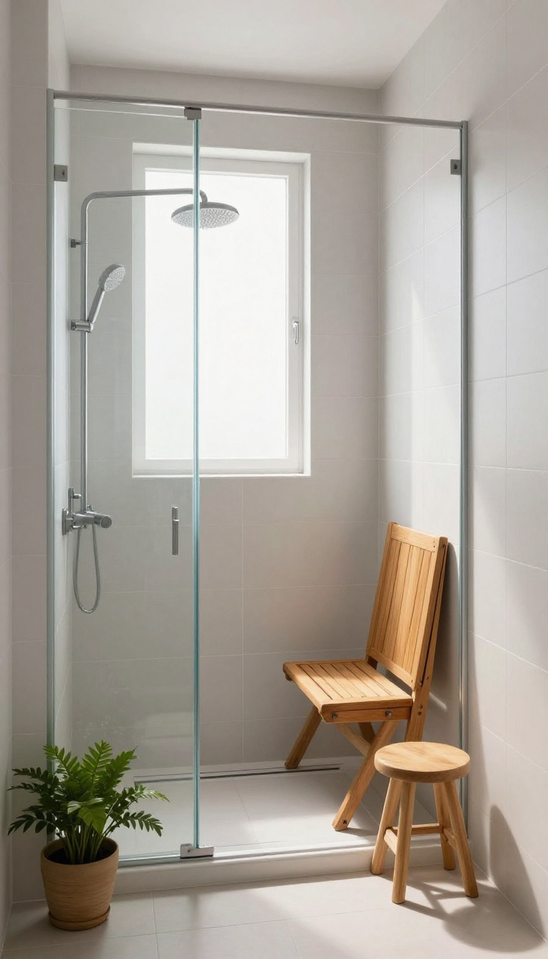 Small shower room with a foldable teak shower seat mounted on the wall, folded up to save space.