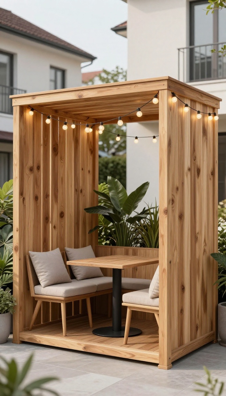 Small townhouse patio with a freestanding wooden privacy screen creating a cozy, private seating area.