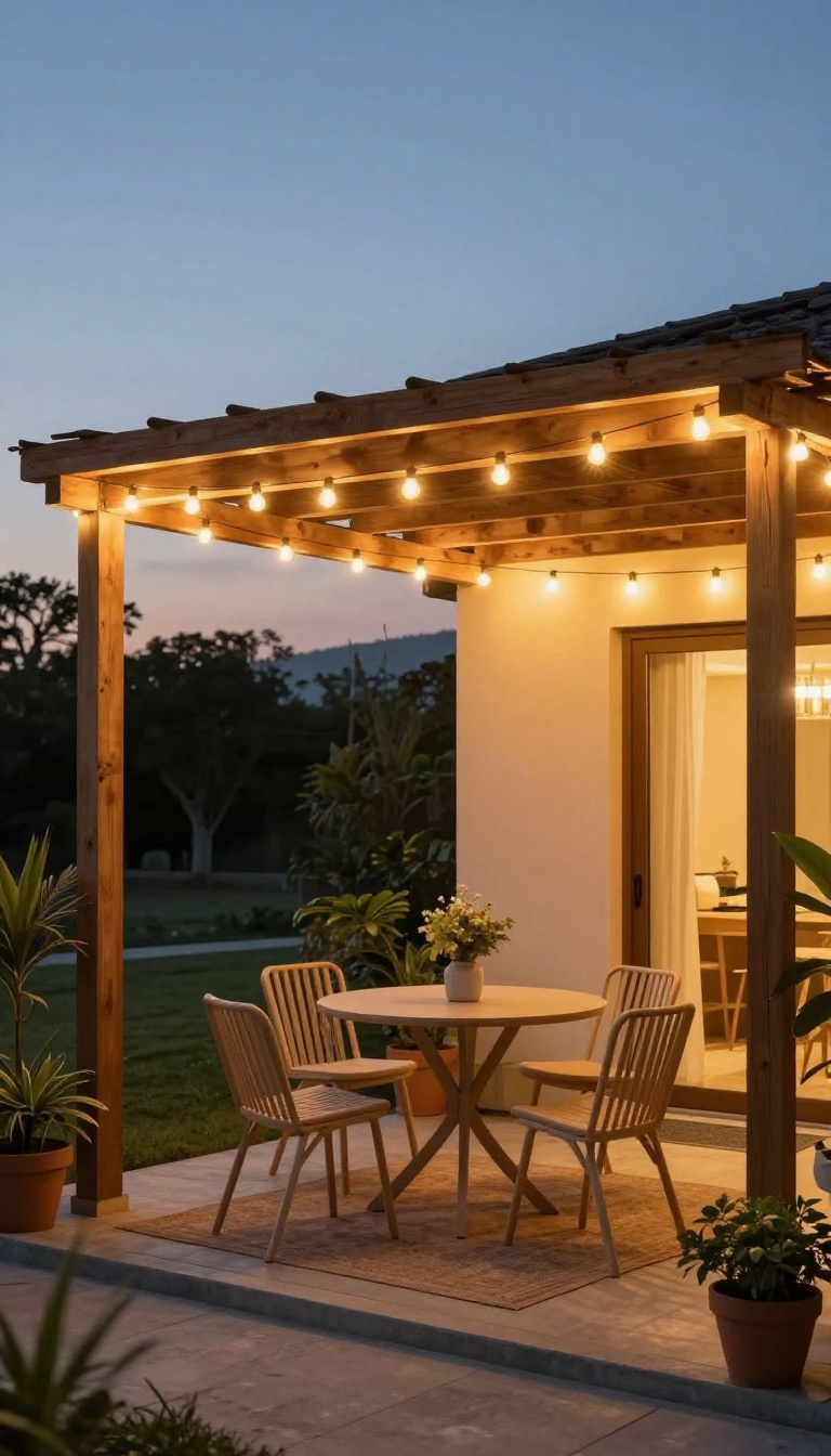 Patio with string lights draped over a pergola at dusk, creating a warm and inviting ambiance.
