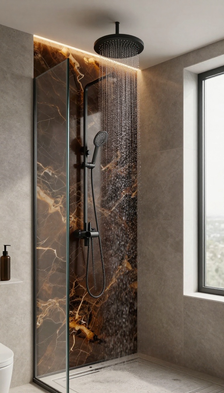 Walk-in shower with onyx accent wall and rainfall showerhead in a modern bathroom