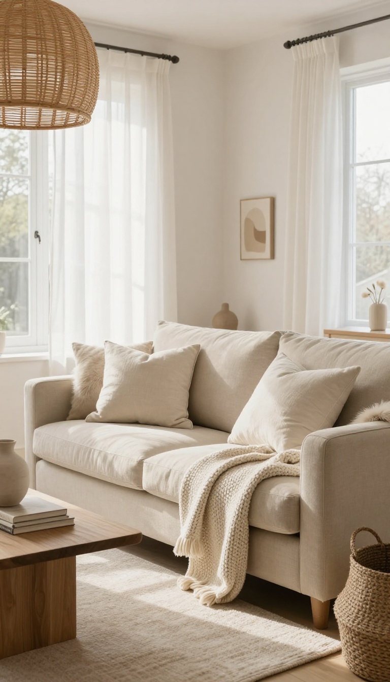 Monochromatic living room with tan couch, cream and beige layers, and textured decor in natural light.