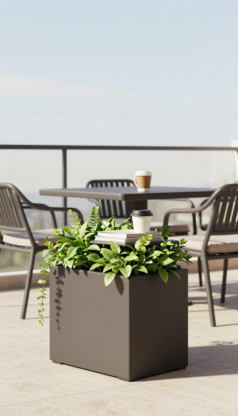 Multi-purpose planter used as a side table on a small townhouse patio
