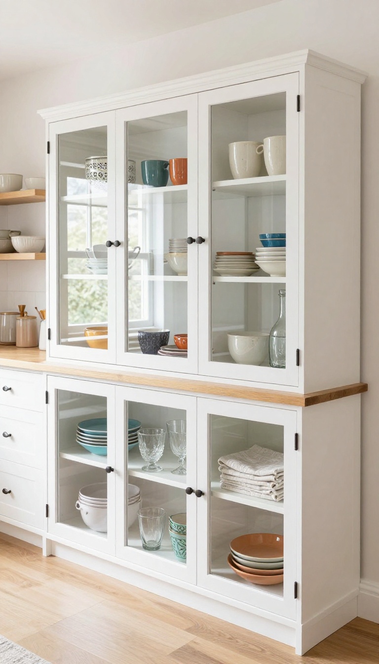 Glass-front sideboard cabinets styled with ceramics and glassware in a bright kitchen
